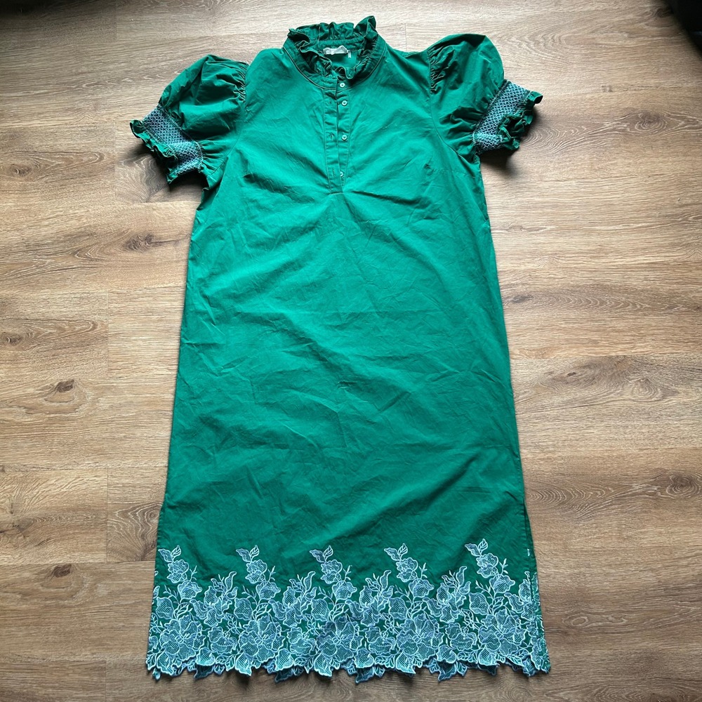 Hyacinth House Dress Green Embroidered Lace Ruffle Neck Smocked Sleeve XXL